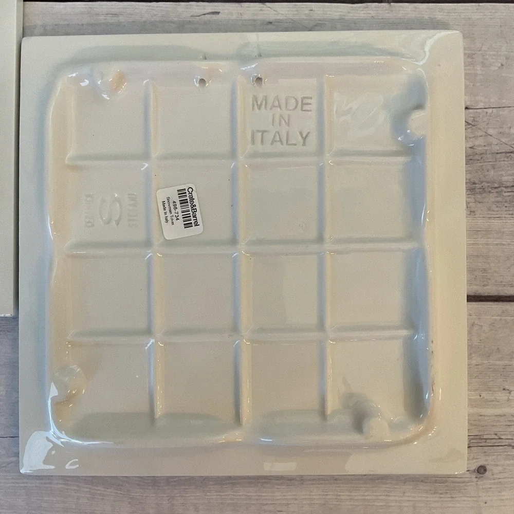 Crate‎ & Barrel Snowman Trivet Set 2 Ceramic 8in Square Italy Stefani Ceramica